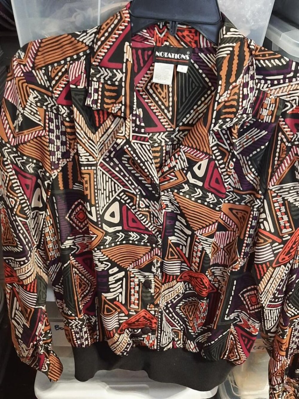 Vintage Notations Women Blouse Vibrant Geometric Pattern Black Banded Waist Sz 6